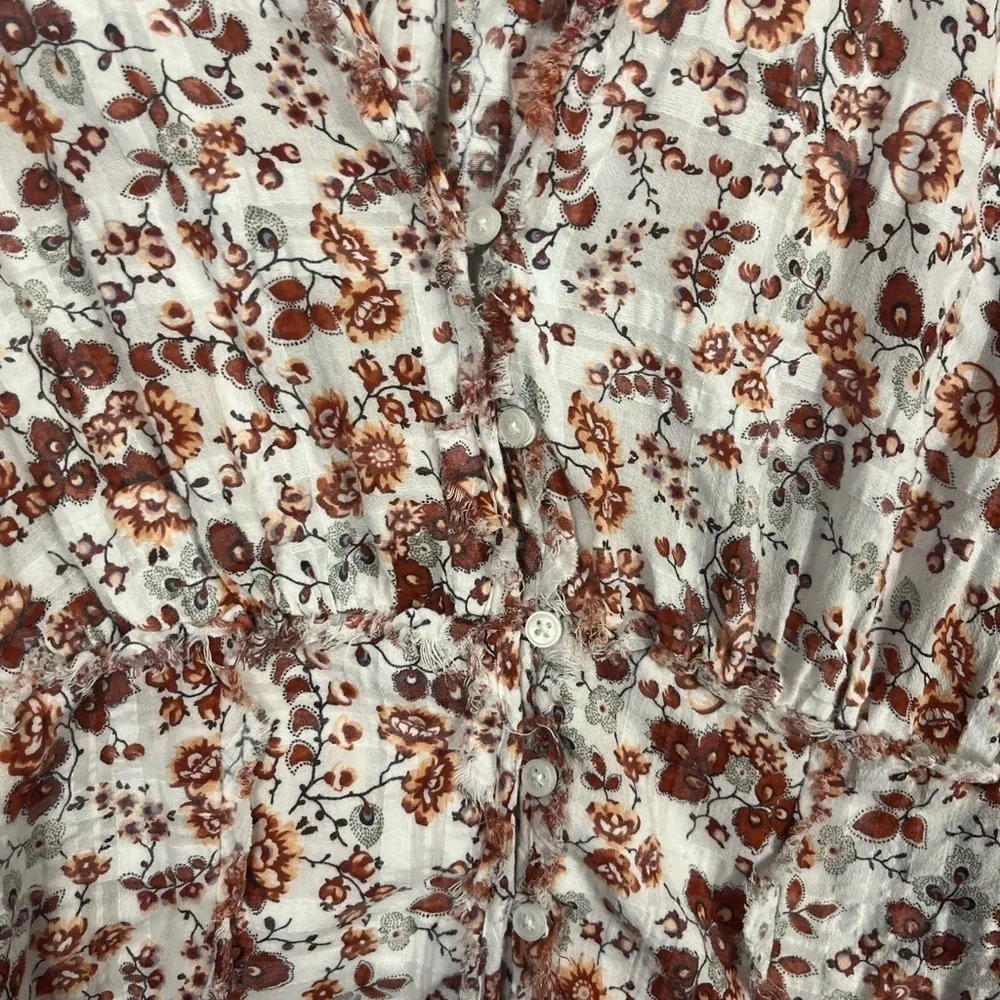Anthropologie floral button crop long sleeve blouse size medium cream/brown
